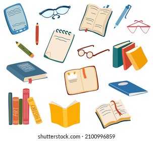 Stacks of books to read. Set of literature, dictionaries, encyclopedias, planners with bookmarks, pens and pencils, glasses. Bunch of textbooks to study. Reading lovers. Flat vector illustration