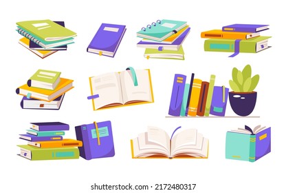 Stacks of books to read. A set of literature, textbooks, dictionaries, planners with bookmarks. Color flat vector illustration isolated on a white background
