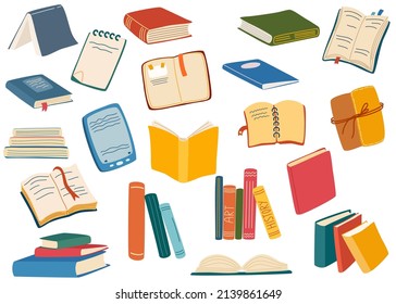 Pilas de libros para leer. Colección de libros diferente. Conjunto de literatura, diccionarios, enciclopedias, planificadores con marcadores. montón de libros de texto para la educación. Libros abiertos y cerrados. Vector