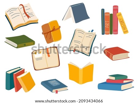 Stacks of books for reading. Different books collection. Set of literature, dictionaries, encyclopedias, planners with bookmarks. pile of textbooks for education. Open and closed books. Vector 