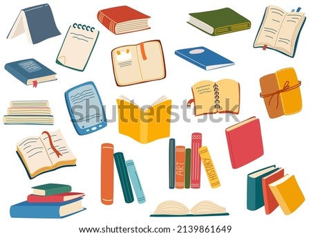 Stacks of books for reading. Different books collection. Set of literature, dictionaries, encyclopedias, planners with bookmarks. pile of textbooks for education. Open and closed books. Vector