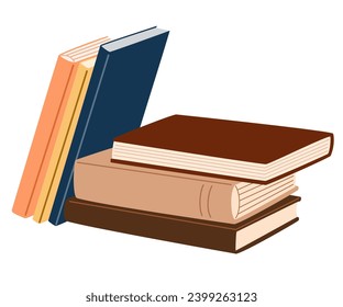 Stacks of books for reading. Literature, dictionaries, encyclopedias, planners with bookmarks. Pile of textbooks for education. Colored flat vector illustration isolated on white background