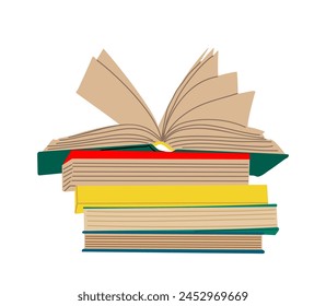 Stapel Bücher zum Lesen mit offenem Buch.