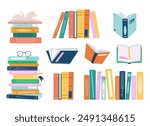 Stacks of books for reading, pile of textbooks for education. Set of literature, dictionaries, encyclopedias. Book festival, books sale, back to school concept design. Vector illustration.