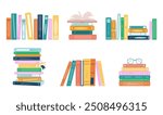 Stacks of books for reading, pile of textbooks for education. Set of literature, dictionaries, encyclopedias. Book festival, books sale, back to school concept design. Vector illustration.