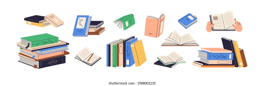 Montones de libros para la lectura, montón de libros de texto para la educación. Conjunto de literatura, diccionarios, enciclopedias, planificadores con marcadores. Ilustración vectorial plana coloreada aislada en fondo blanco