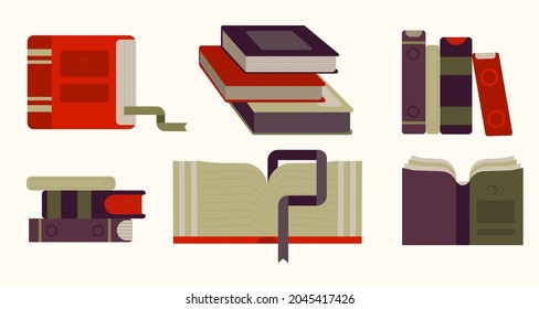 Stacks of books for reading, pile of textbooks for education. Set of literature, dictionaries, encyclopedias, planners with bookmarks. Colored flat vector illustration isolated on white background . 