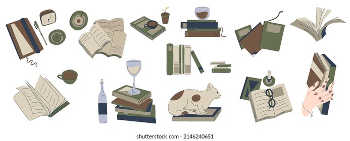 Stacks of books for reading, pile of textbooks for education. Set of literature, dictionaries, encyclopedias, planners.Coffee cups and cat on book.Flat vector illustration isolated on white background