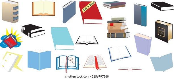 Stacks of books for reading, pile of textbooks for education. Set of literature, dictionaries, encyclopedias, planners with bookmarks. Colored flat vector illustration isolated on white background
