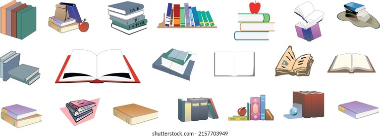 Stacks of books for reading, pile of textbooks for education. Set of literature, dictionaries, encyclopedias, planners with bookmarks. Colored flat vector illustration isolated on white background
