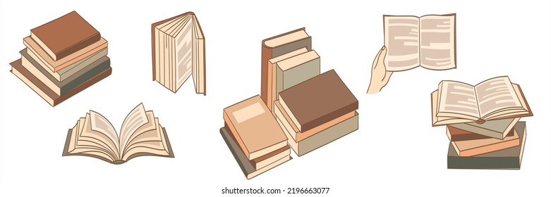 Stacks of books for reading, pile of textbooks for education, dictionaries, encyclopedias. Colored flat vector illustration hand drawn style.