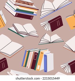 Stacks of books for reading, pile of textbooks for education. Seamless pattern with literature, encyclopedias, planners with bookmarks. Colored flat vector illustration isolated on brown background