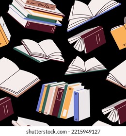 Stacks of books for reading, pile of textbooks for education. Seamless pattern with literature, encyclopedias, planners with bookmarks. Colored flat vector illustration isolated on black background