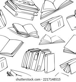 Stacks of books for reading, pile of textbooks for education. Seamless pattern with literature, encyclopedias, planners with bookmarks. Outline vector illustration isolated on white background