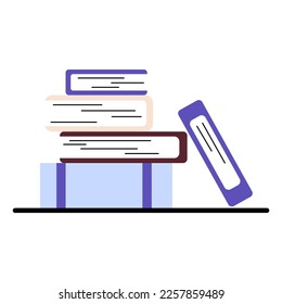 Stacks of books for reading, pile of textbooks for education. Literature, dictionaries, encyclopedias, planners with bookmarks. Colored flat vector illustration isolated on white background