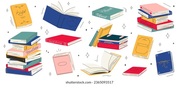 Stacks of books for reading, pile of textbooks for education. Set of literature, dictionaries, encyclopedias, planners with bookmarks. Colored flat vector illustration isolated on white background