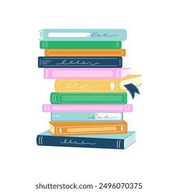 Stacks of books for reading, pile of textbooks for education. Set of literature, dictionaries, encyclopedias. Book festival, books sale, back to school concept design. Vector illustration.