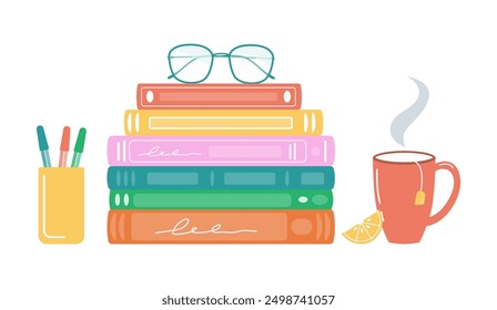 Stacks of books for reading, pile of textbooks for education. Set of literature, dictionaries, encyclopedias. Book festival, books sale, back to school concept design. Vector illustration.