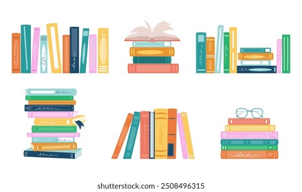 Pilas de libros para leer, pila de libros de texto para la educación. Conjunto de literatura, diccionarios, enciclopedias. Festival de libros, venta de libros, diseño conceptual de regreso a la escuela. Ilustración vectorial.