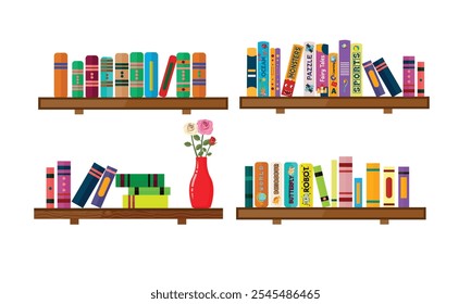 Pilhas de livros para leitura, pilhas de livros didáticos para educação. Conjunto de literatura, dicionários, enciclopédias. Festival do livro, venda de livros, design conceitual de volta à escola. Ilustração vetorial.