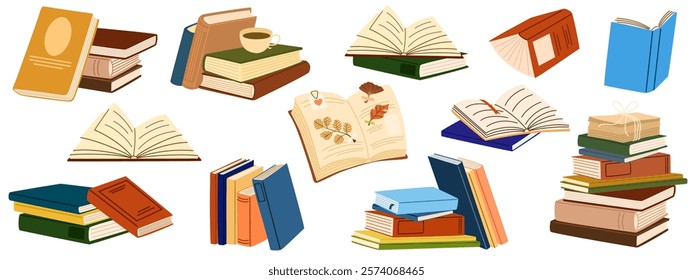 Stacks of books for reading, pile of textbooks for education. Set of literature, dictionaries, encyclopedias, planners with bookmarks. Pile of books, cup of tea. Vector Illustration isolated