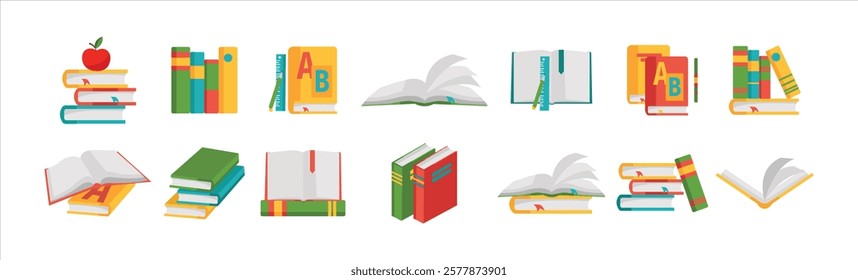 Stacks of books for reading, pile of textbooks for education. Set of literature, dictionaries, encyclopedias, planners with bookmarks. Colored flat vector illustration isolated on white background