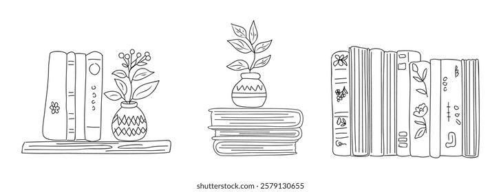 Stacks of books for reading, pile of textbooks for education. Set of literature, dictionaries, encyclopedias, planners with tiny flowers in vases. Sketch vector hand drawn illustration isolated