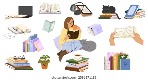 Stacks of books for reading, pile of textbooks for education. Set of literature, dictionaries, encyclopedias, planners with bookmarks. 