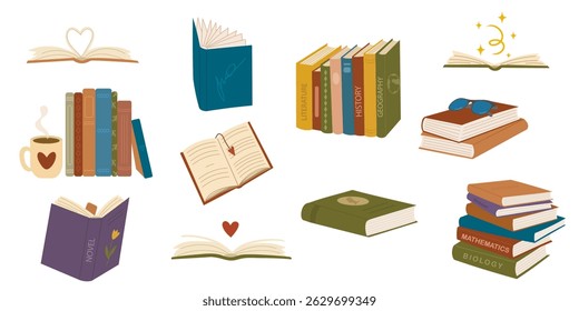 Stacks of books for reading, pile of textbooks for education. Set of history, mathematics, geography with bookmarks. Colored flat vector illustration isolated on white background