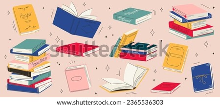 Stacks of books for reading, pile of textbooks for education, set