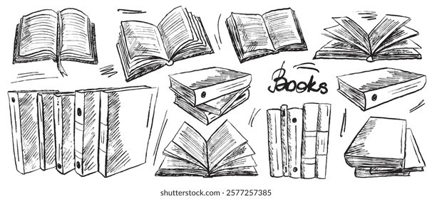 Stacks of books, reading process, opened books with pages. Go back to school, library atmosphere in brush stroke texture. Hand drawn vector sketch illustration in vintage charcoal ink style