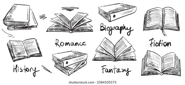 Stacks of books, reading process, opened books with pages. Go back to school, library atmosphere in brush stroke texture. Hand drawn vector sketch illustration in vintage charcoal ink style