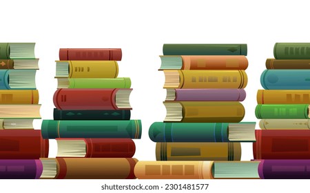 Stacks of books. Seamless bottom border. Cartoon style. Great collection for reading. Library or bookstore. Isolated on white background. Vector.