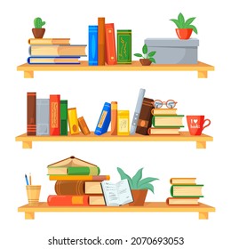 Stacks books shelf. Book interior room library, bookshelf bookcase rack, shelves bookstore office, wall bookshelves, furniture cabinet, vector illustration. Library stack literature, study bookshelf