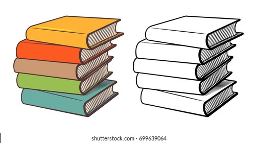 Stacks of books. Stylized vector illustration, outline and colored version 