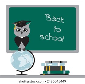 Stacks of books, a wise owl in a graduate hat sits on a globe. Green background chalkboard inscription back to school. Modern design template banner. Vector