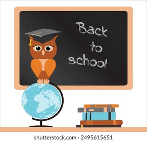 Stacks of books, a wise owl in a graduate hat sits on a globe. On background chalkboard inscription back to school. Modern design template banner. Vector