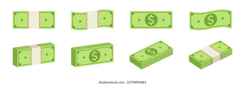 Stacks and Bundles of Dollar Bills Vector Flat Set