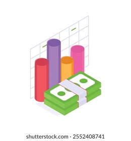 Pilhas de dinheiro ao lado de um gráfico de crescimento que simboliza o aumento da receita e o sucesso financeiro