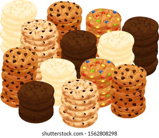 Stacks of chocolate chip, oatmeal, fudge, sugar, and candy cookies. Isolated vector illustration.