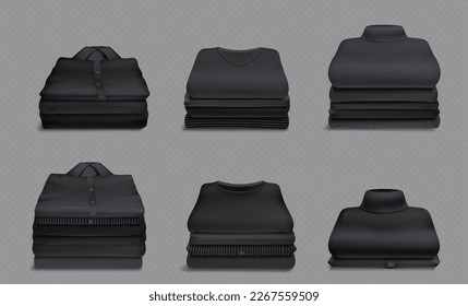 Stacks of clean folded clothes after laundry and iron. Neatly piles of man black shirts, sweaters and casual cotton apparel isolated on transparent background, vector realistic illustration