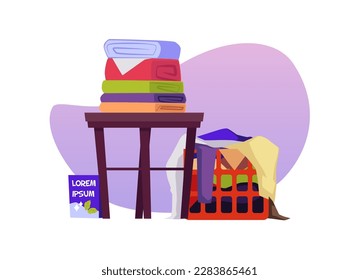 Stacks of clean washed clothes after laundry, flat vector illustration isolated on white background. Banner for laundry or washing powder packs design with copy space.