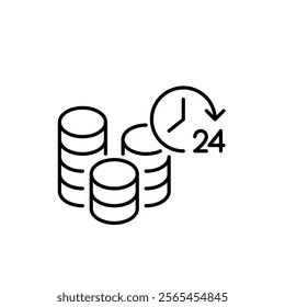 Stacks of coins and 24 hour symbol. Constant access to investments and banking. Digital wealth and finances. Pixel perfect vector icon