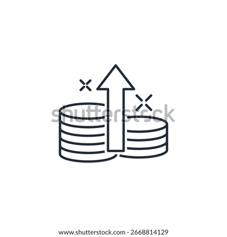 Stacks of coins with an arrow pointing up. Rising costs, expenses, inflation.Vector linear icon illustration isolated on white background.