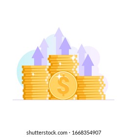 Stacks of coins with arrows pointing up. The concept of profit and financial growth or trading. Illustration in flat style. Vector
