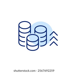 Stacks of coins and arrows up. Rapid investment growth and financial success. Pixel perfect, editable stroke icon