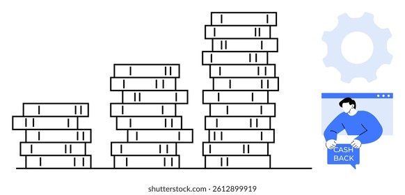 Stacks of coins in ascending order and a person holding a cash-back card. Ideal for finance, savings, investment, financial growth, and rewards programs. Simple modern style