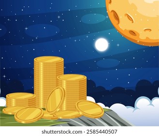 Stacks of coins beneath a bright, starry night