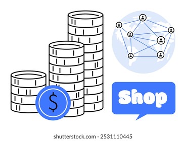 Pilhas de moedas ao lado de um diagrama de rede e um sinal de Loja em uma bolha de fala. Ideal para temas de finanças, negócios, comércio eletrônico, transações on-line e marketing digital. Estilo moderno simples