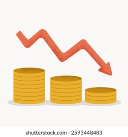 Stacks of coins decreasing in size with a downward arrow, representing financial loss, economic decline, or market downturn on a light background.